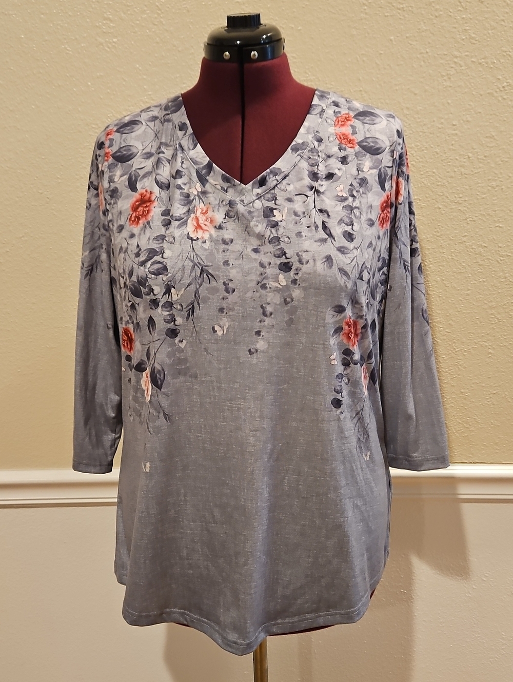 Women's Slate Blue Floral V-Neck Top